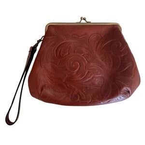 Patricia Nash Savena Tooled Brown Leather Kiss Lock Clutch Wristlet